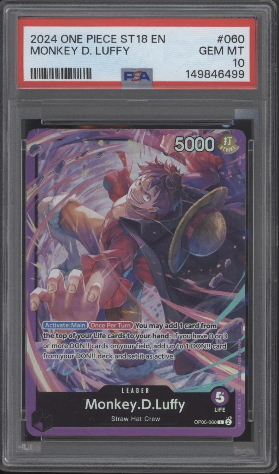 Monkey D Luffy One Piece Card Game ST18 #060 PSA 10