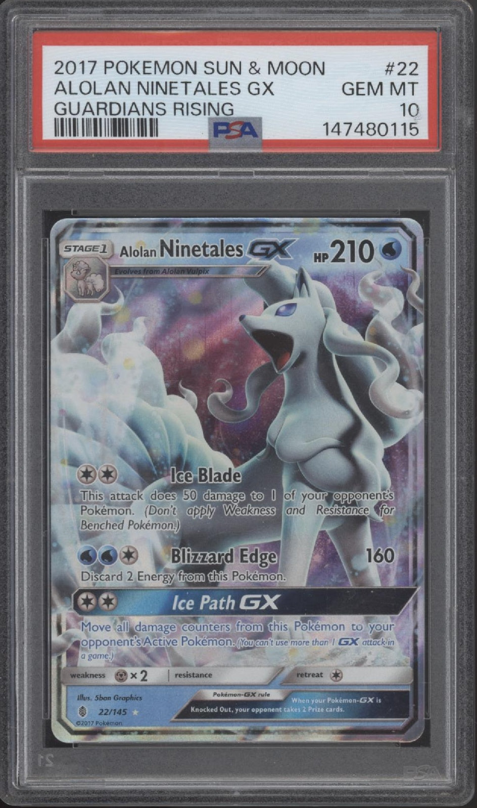 Alolan Ninetales GX Pokemon Guardians Rising #22 PSA 10