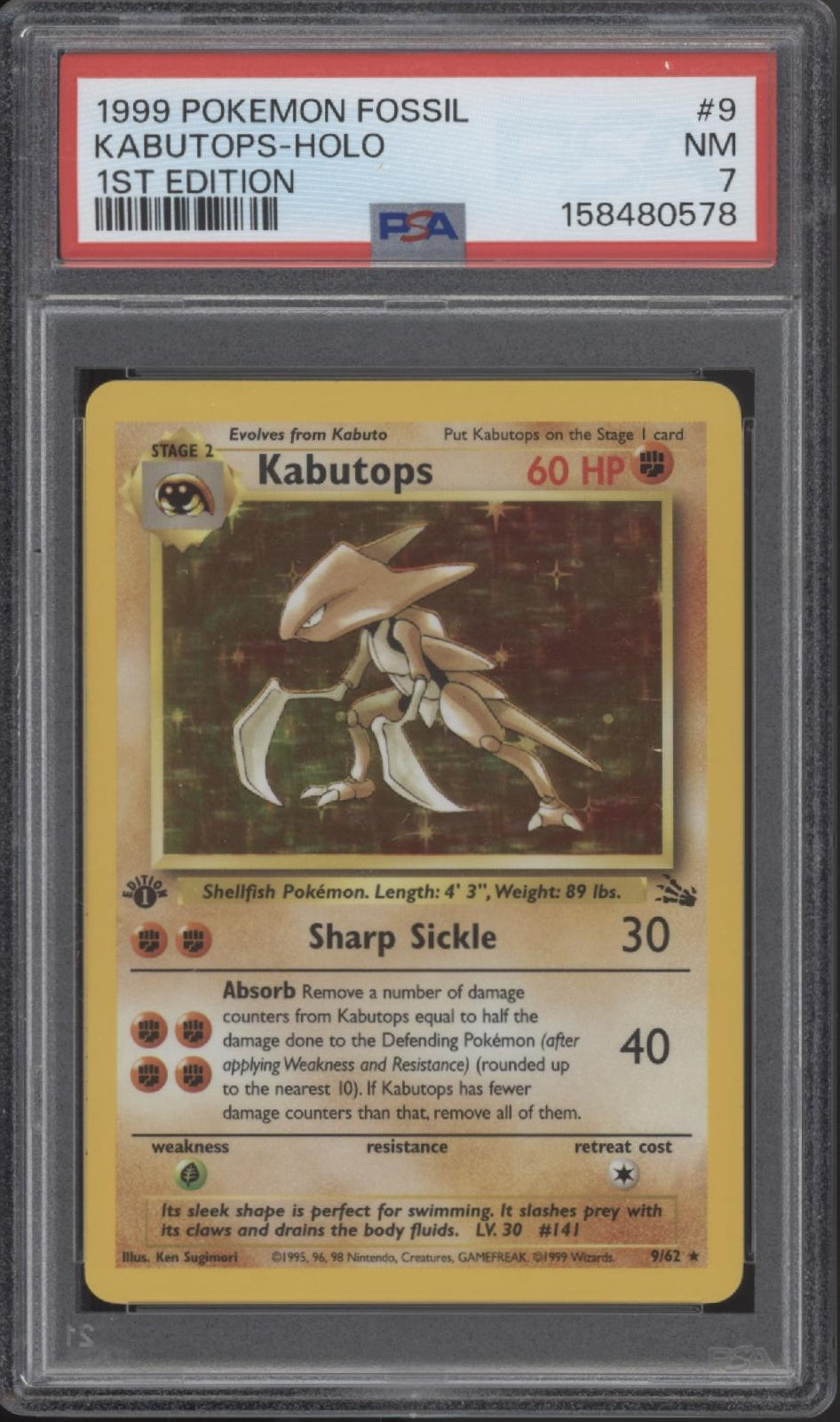 Kabutops Pokemon Fossil Holo 1st Edition #9 PSA 7