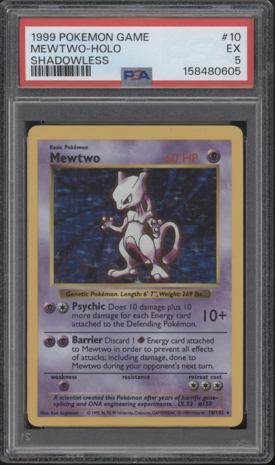 Mewtwo Pokemon Base Set Holo Shadowless #10 PSA 5