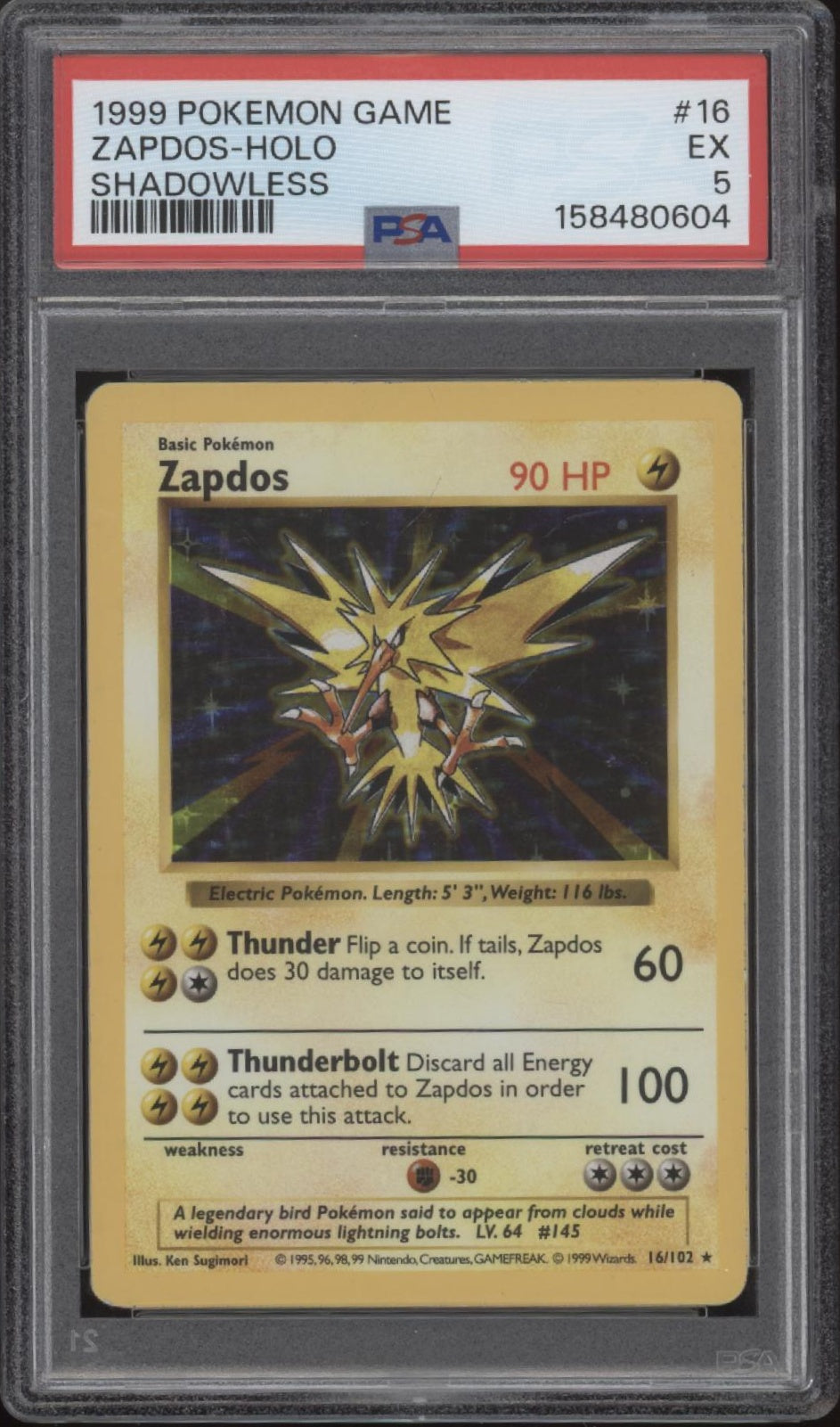 Zapdos Pokemon Base Set Holo Shadowless #16 PSA 5