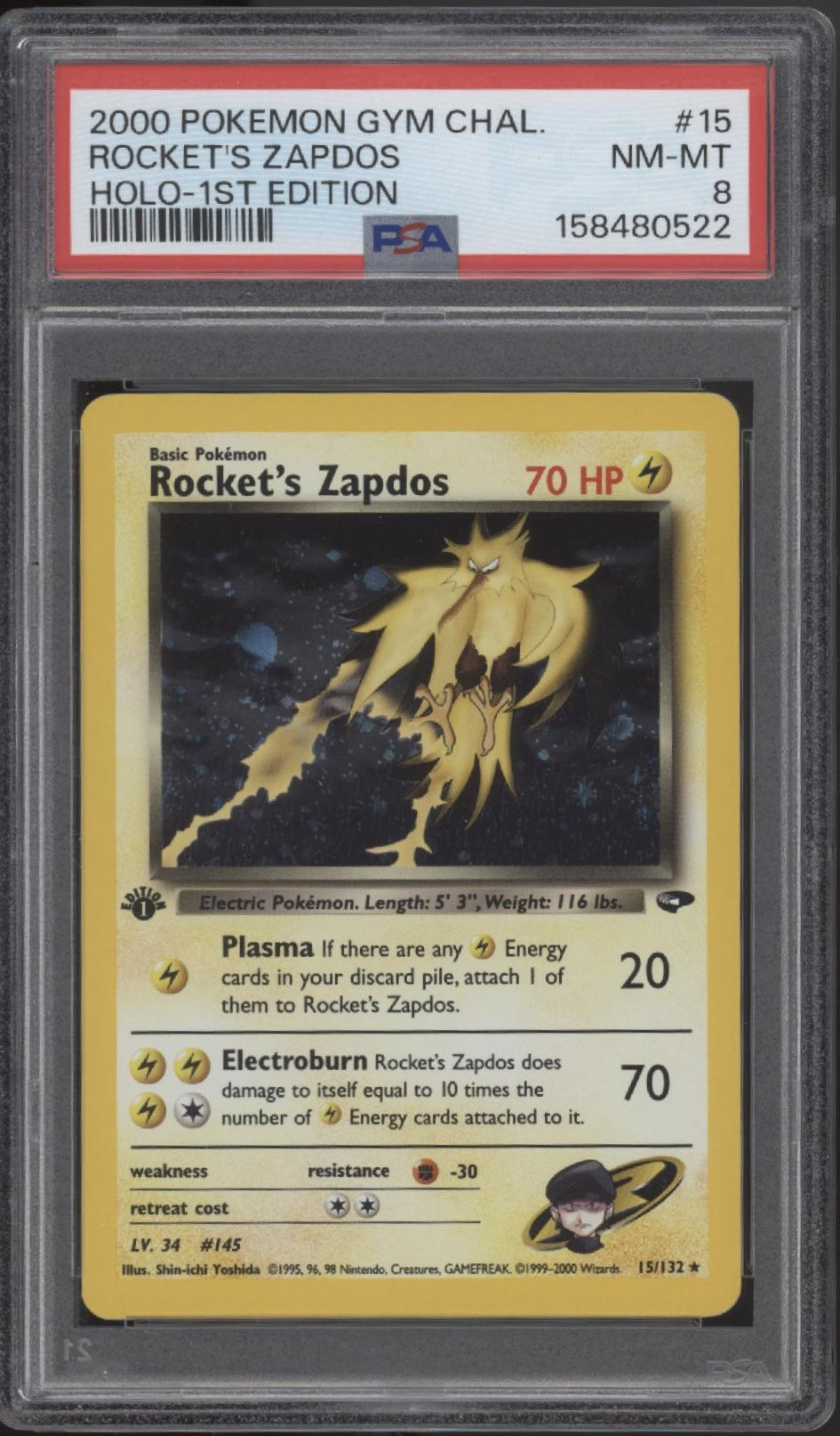 Rocket's Zapdos Pokemon Gym Challenge Holo 1st Edition #15 PSA 8