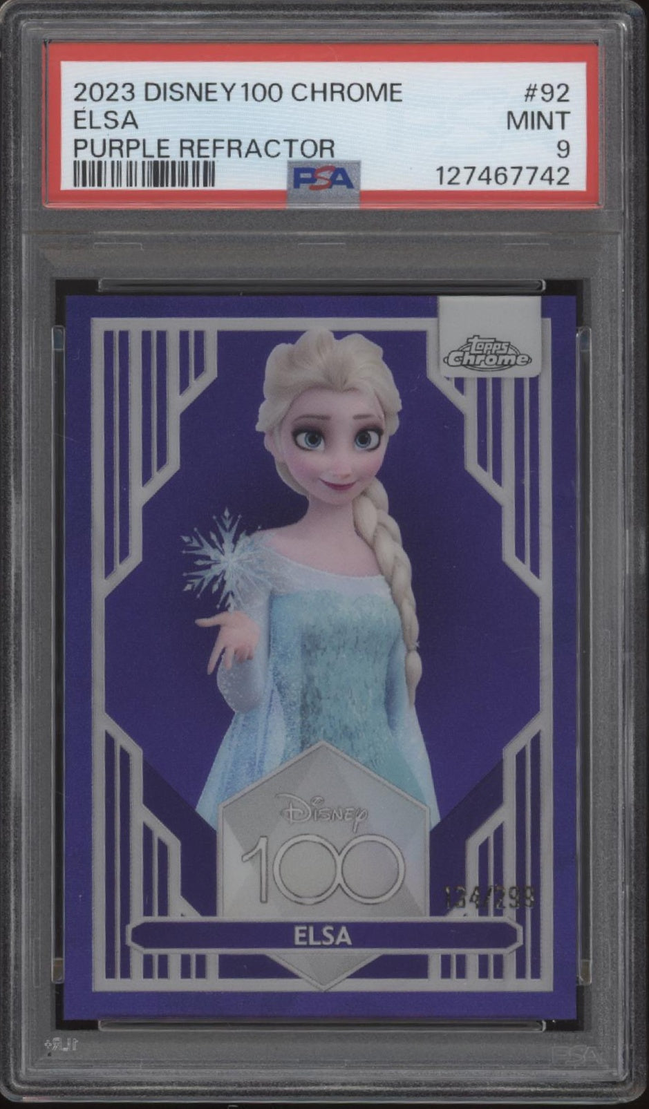 Elsa 2023 Topps Chrome Disney 100 Purple Refractor 134/299 #92 PSA 9