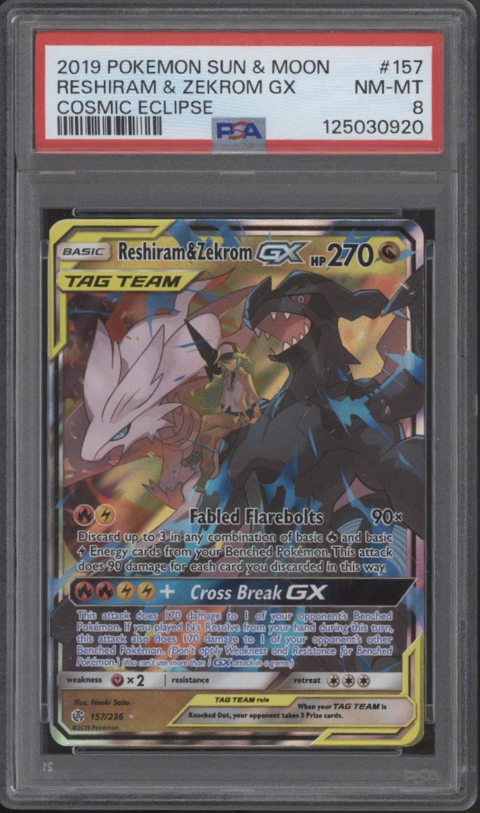 Reshiram & Zekrom GX Pokemon Cosmic Eclipse #157 PSA 8