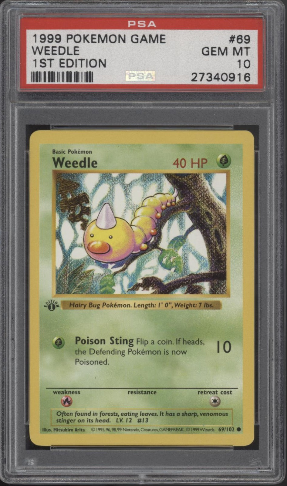 Weedle Pokemon Base Set 1st Edition #69 PSA 10
