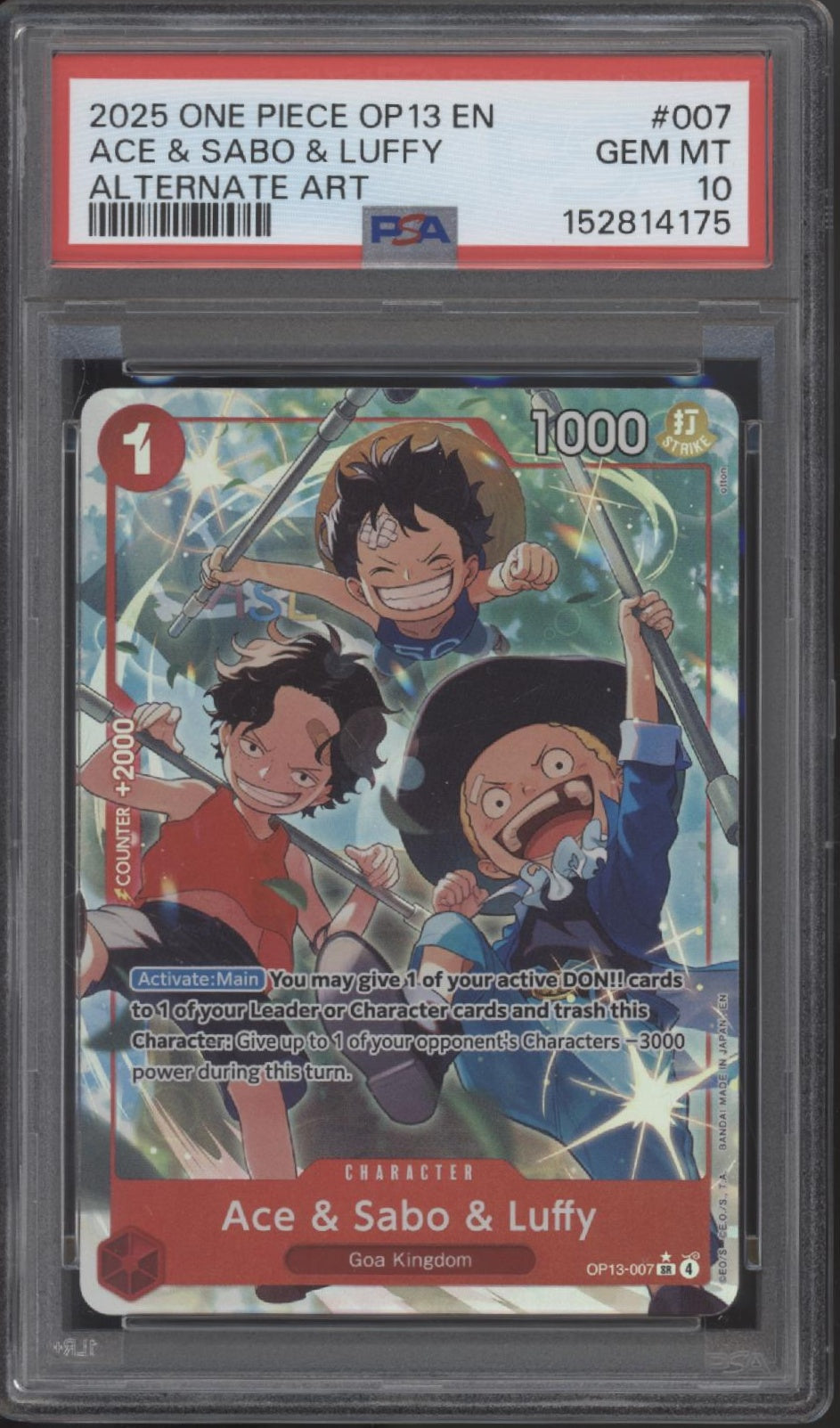 Ace & Sabo & Luffy One Piece Card Game OP13 Alternate Art #007 PSA 10