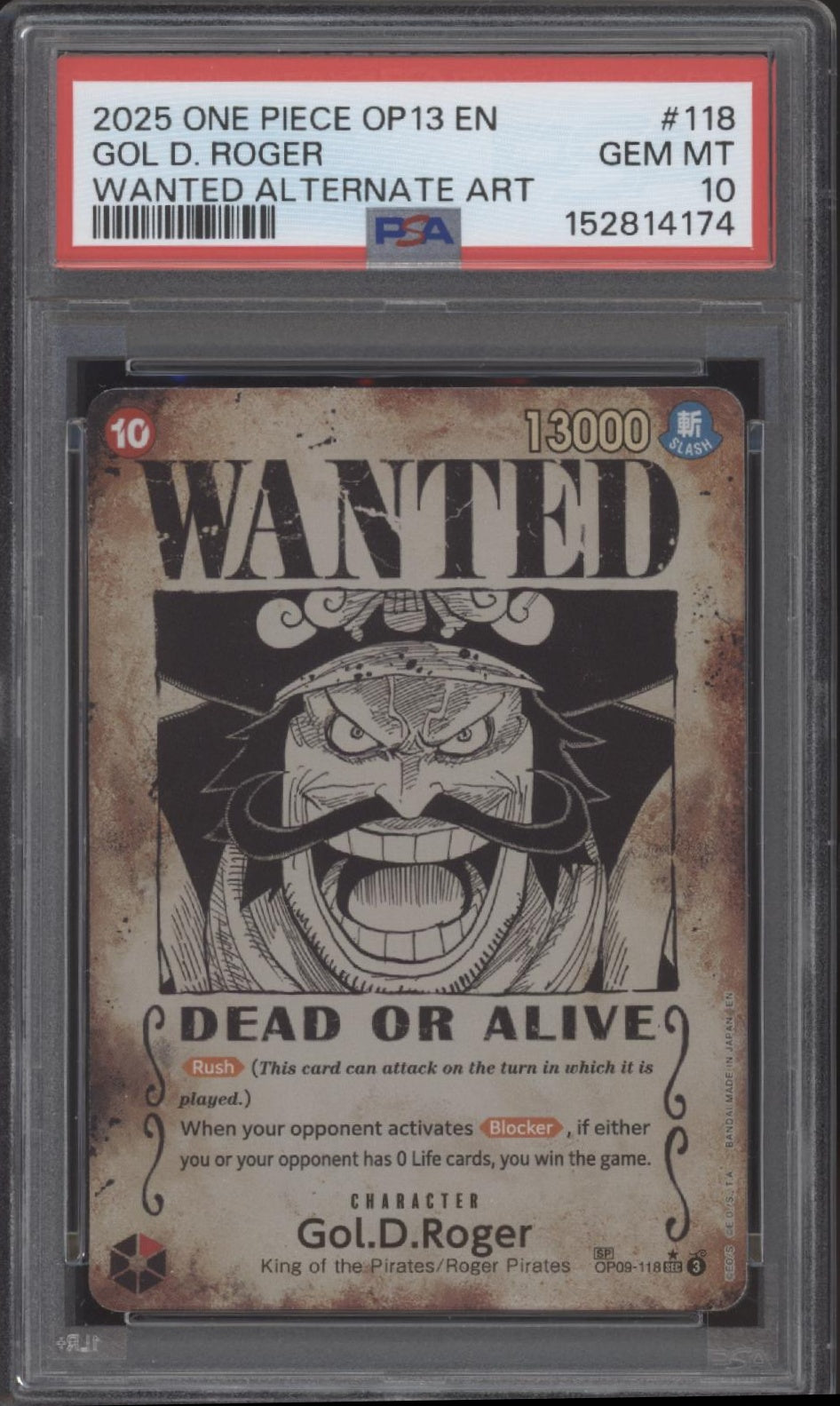Gol D Roger One Piece Card Game OP13 Wanted Alternate Art #118 PSA 10