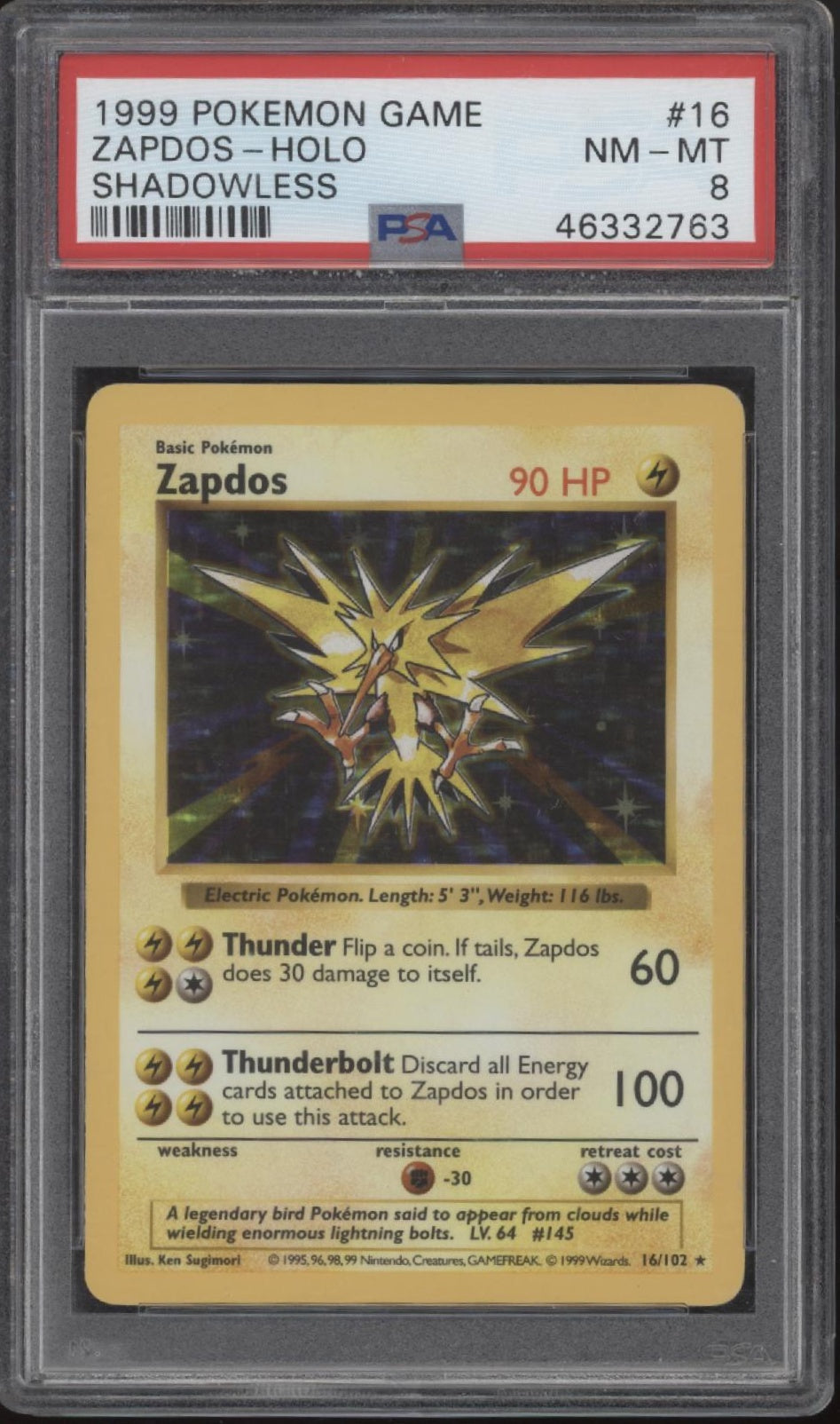 Zapdos Pokemon Base Set Holo Shadowless #16 PSA 8